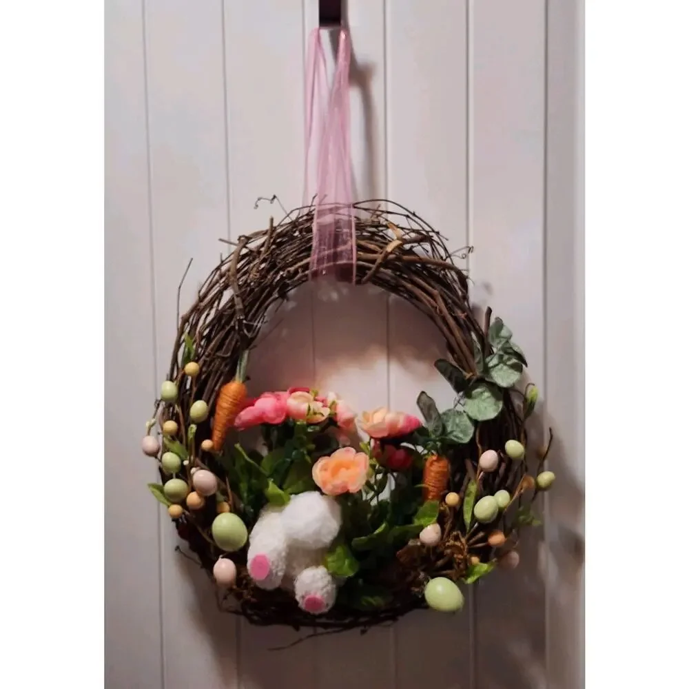 Handmade Grapevine Spring Easter Bunny Wreath Eggs Carrots Door Decor 16